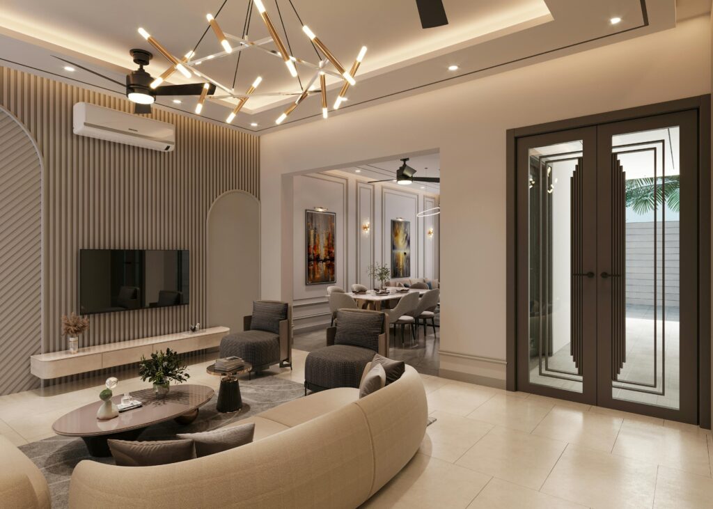 Stylish and elegant living room interior with modern decor and lighting, featuring a cozy seating area.
